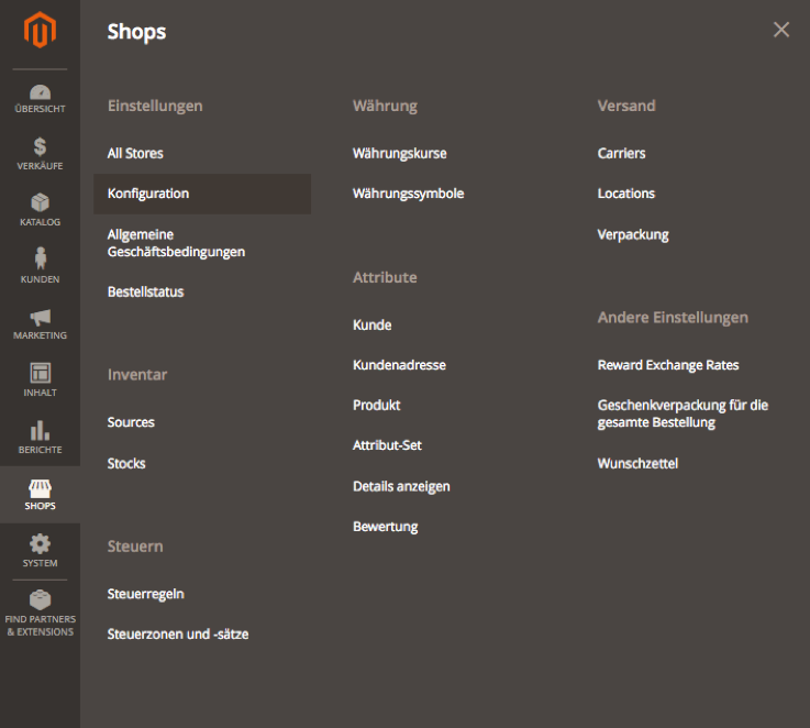 Konfiguration Magento Backend